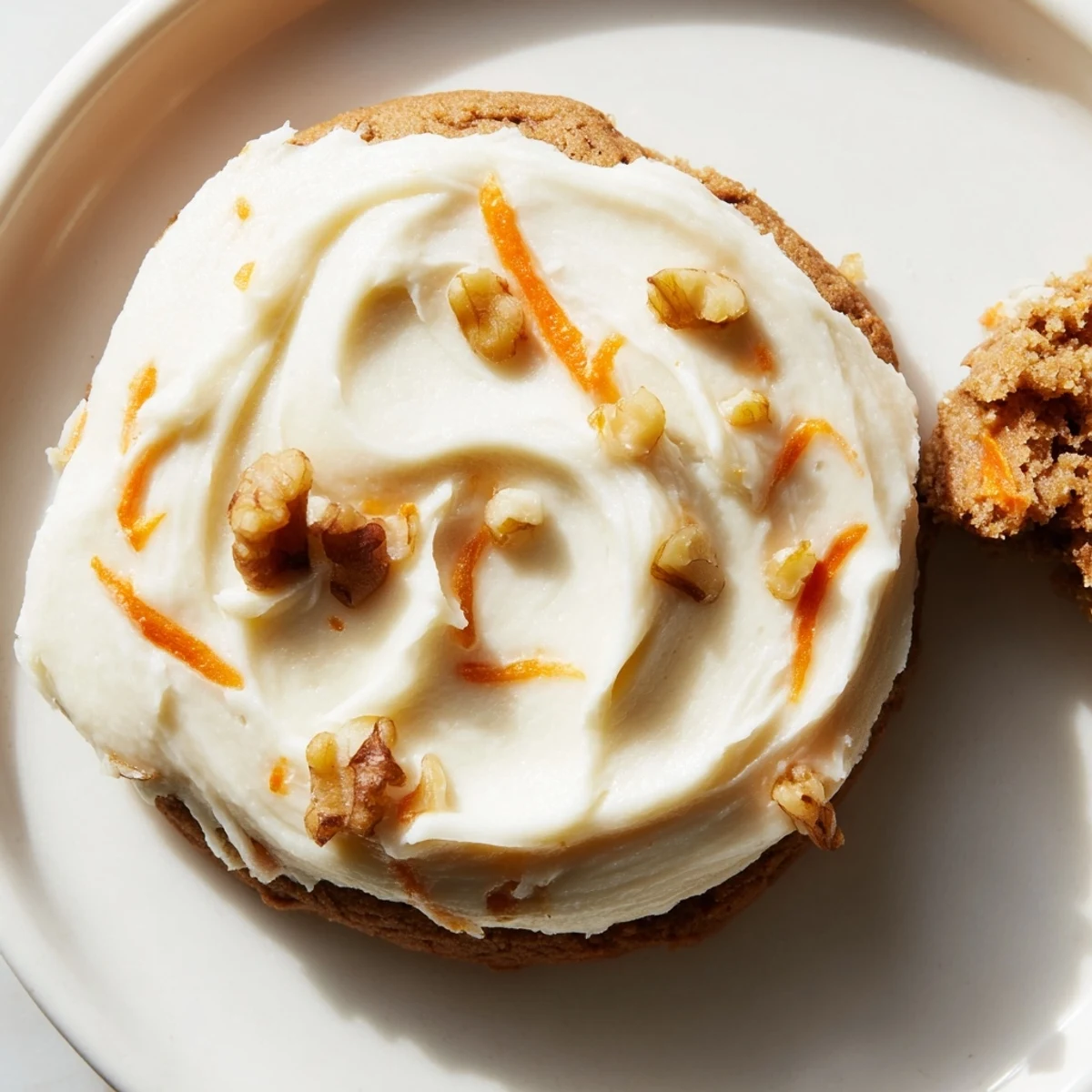 Thick spiced carrot cake cookies topped with velvety cream cheese frosting close-up view
