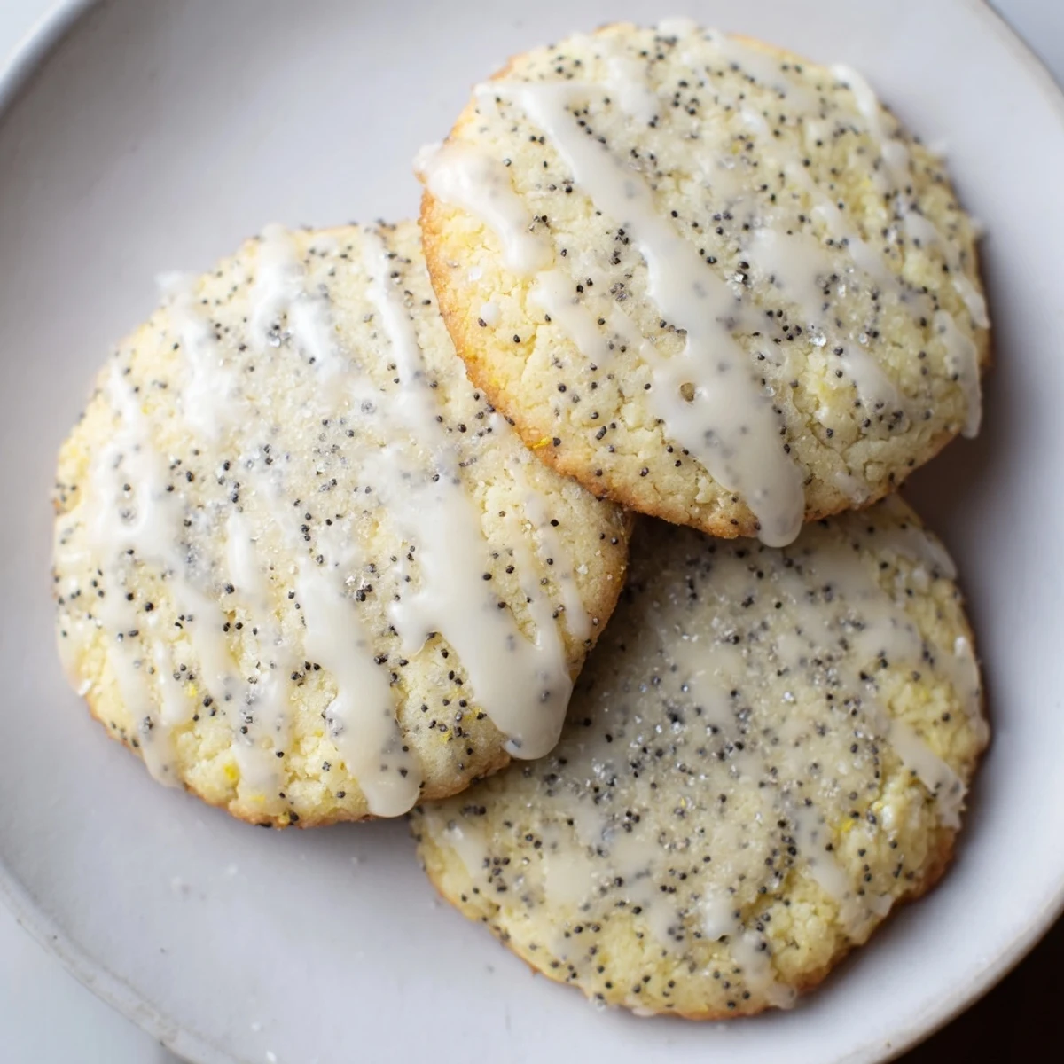 Golden lemon poppy seed cookies with drizzled glaze on a rustic white serving plate