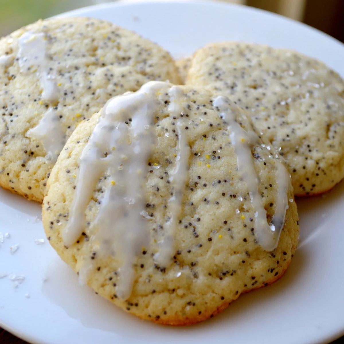 Chewy lemon poppy seed cookies speckled with zest arranged on a cooling rack