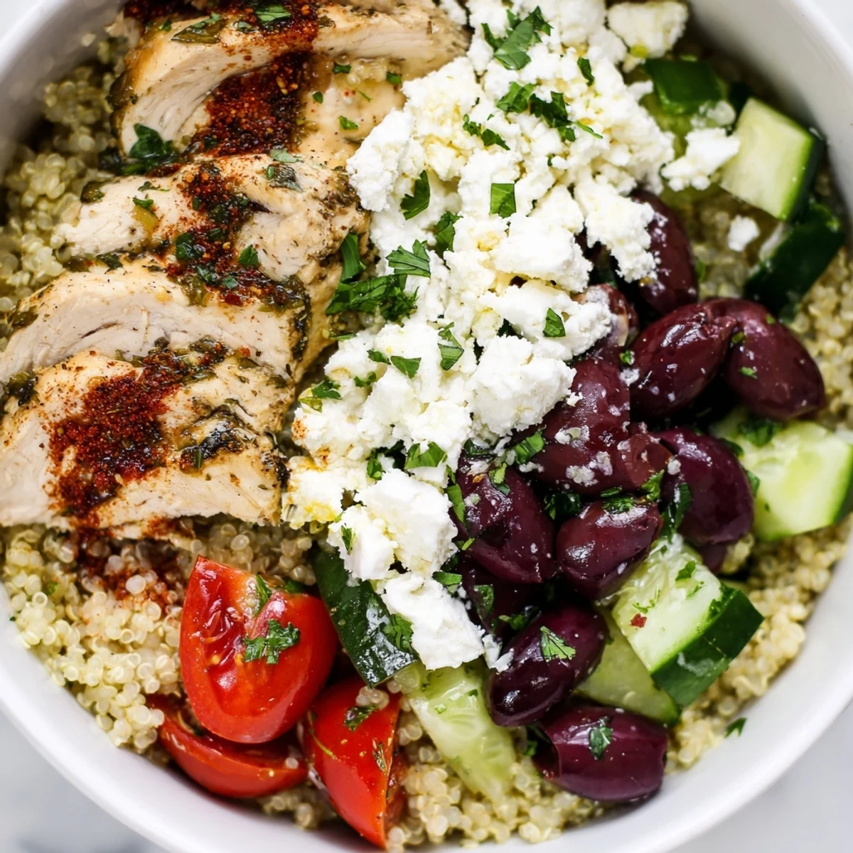 Colorful Mediterranean Chicken Quinoa Bowl topped with feta, olives, and fresh herbs