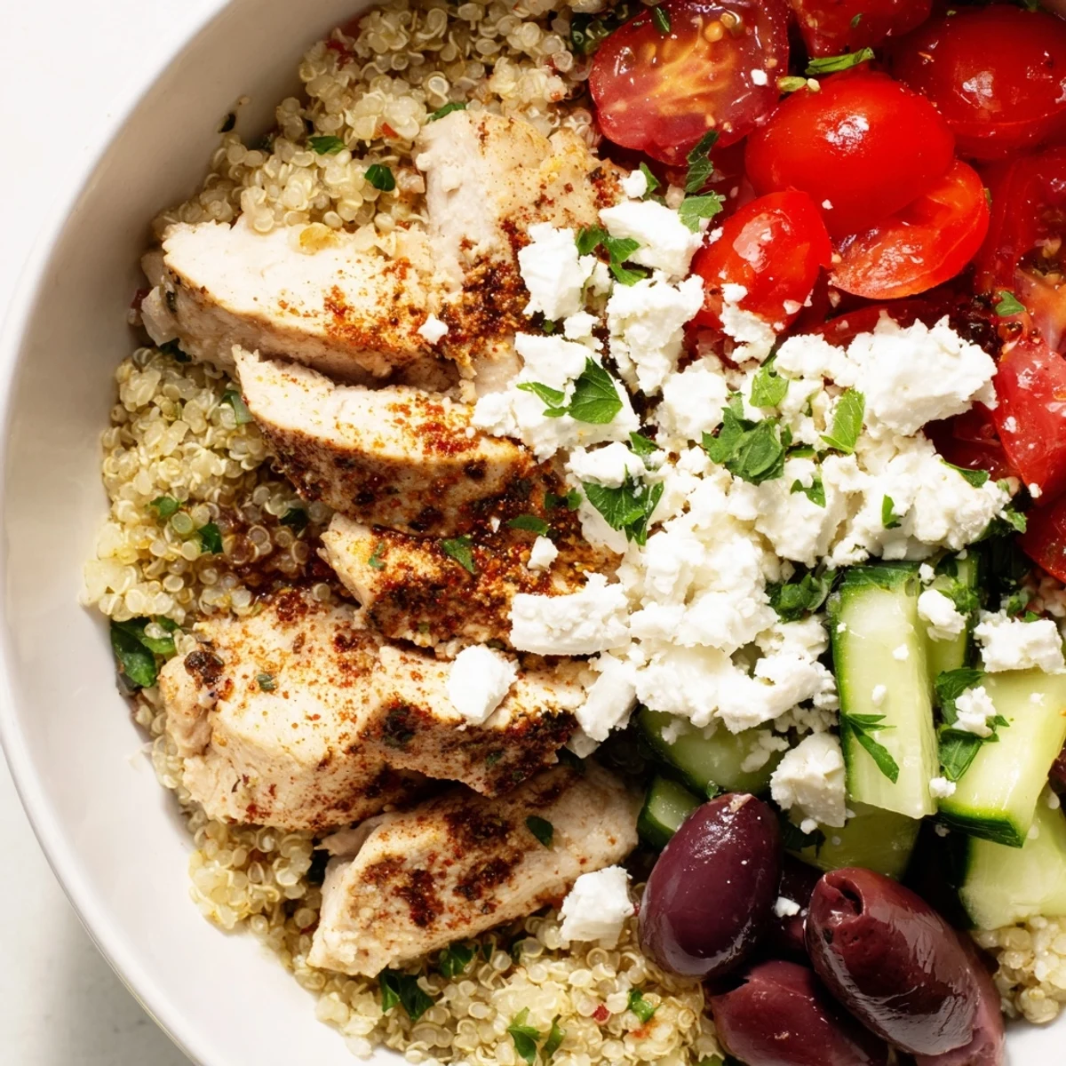 Grilled sliced chicken served over fluffy quinoa with crisp cucumber and tomatoes