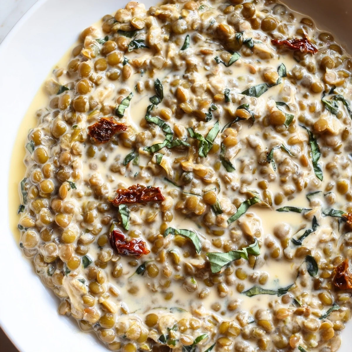 Creamy Marry Me Lentils in rich sun-dried tomato sauce topped with fresh basil garnish