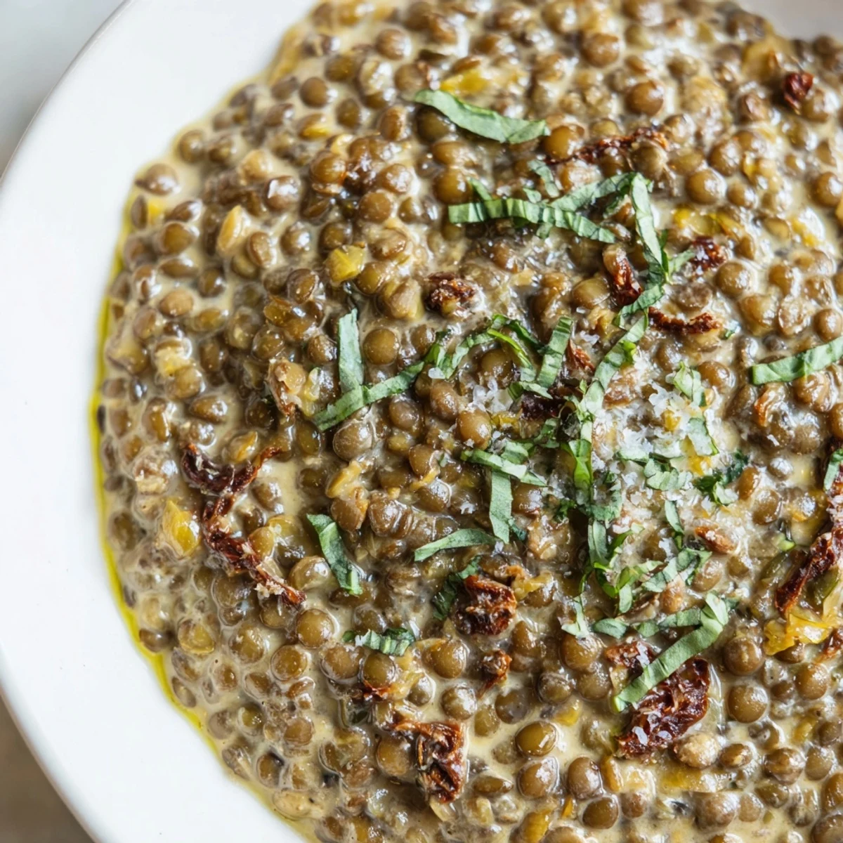 Tender green lentils coated in velvety Marry Me Lentils cream sauce with herbs