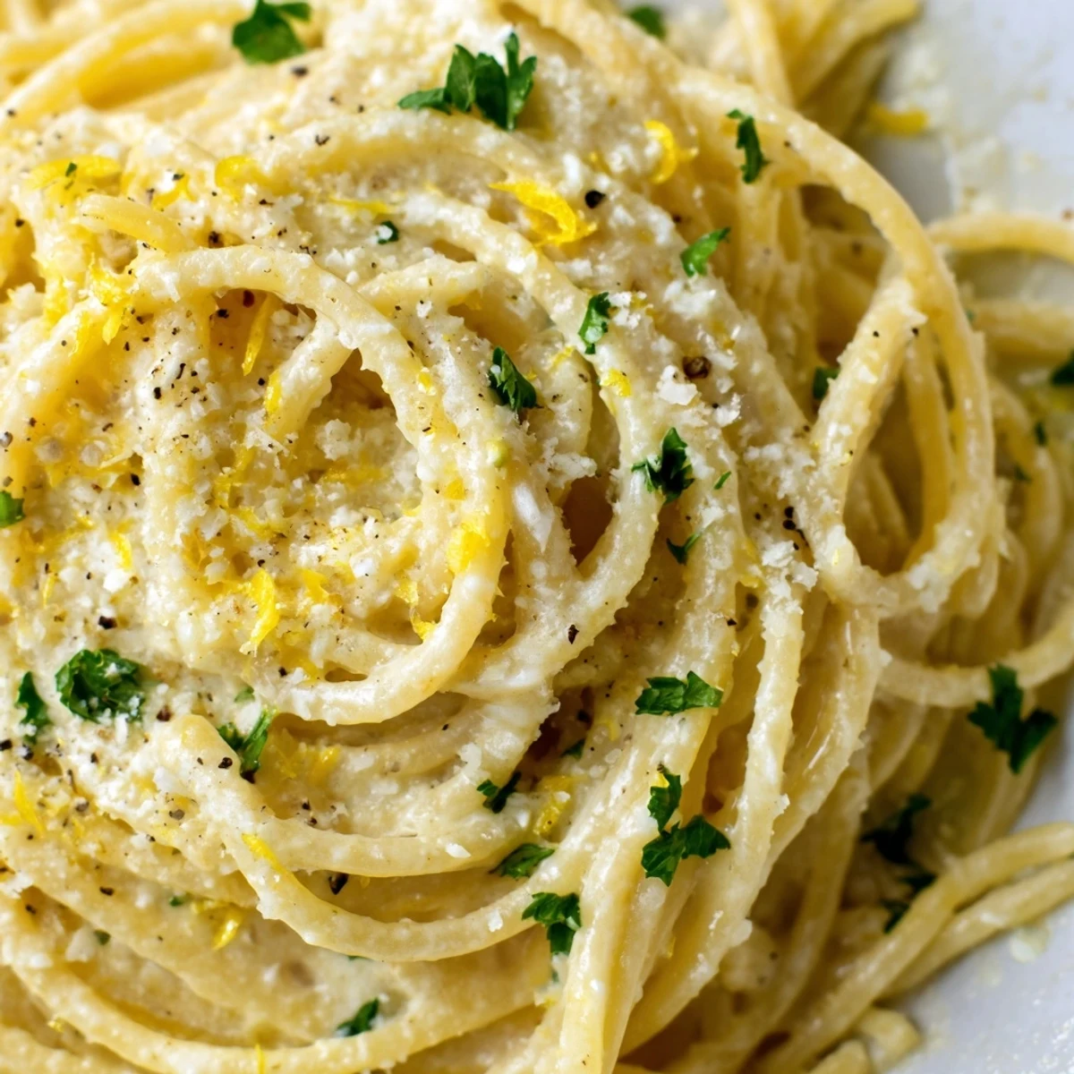 Creamy Parmesan Lemon Pasta twirled in a skillet with fresh herbs and golden butter
