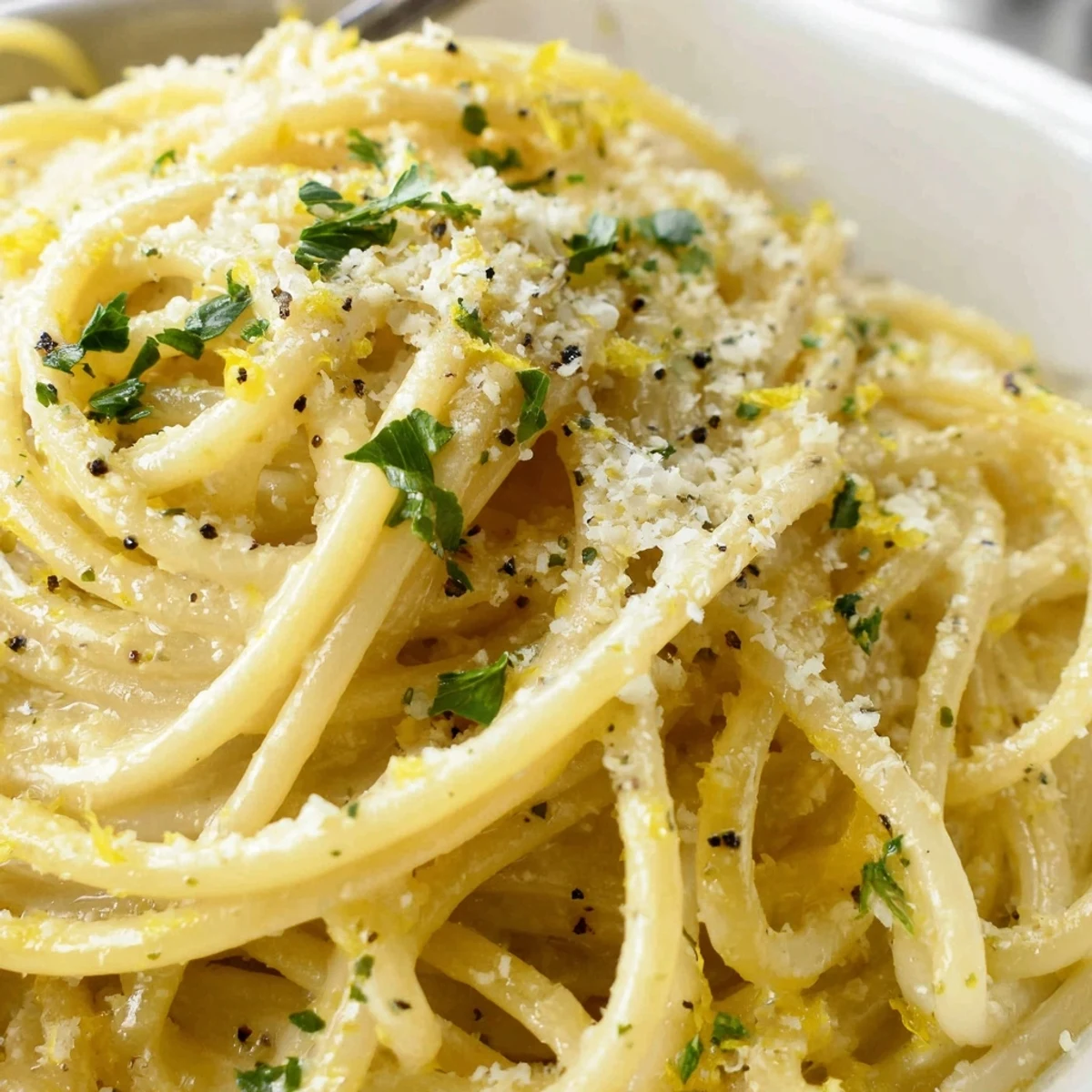 Golden spaghetti coated in zesty Parmesan Lemon Pasta sauce with fresh cracked pepper