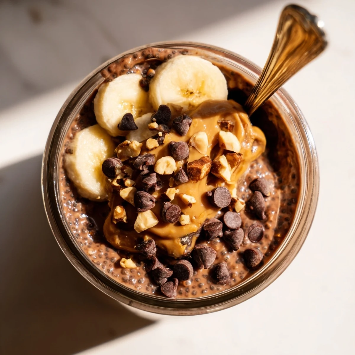 Creamy chocolate peanut butter overnight oats topped with mini chips in a mason jar