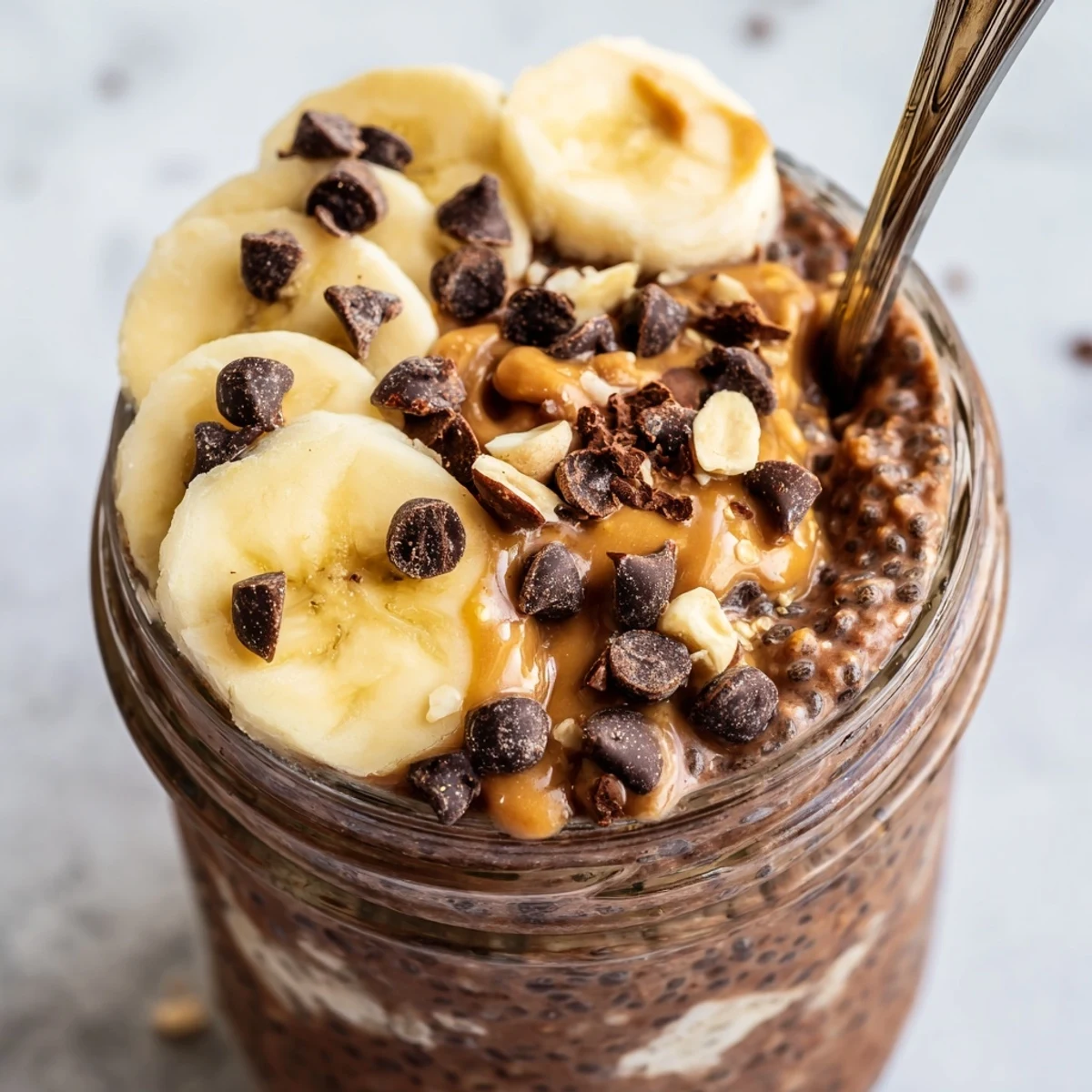 Thick chocolate peanut butter overnight oats swirled with Greek yogurt and fresh banana slices