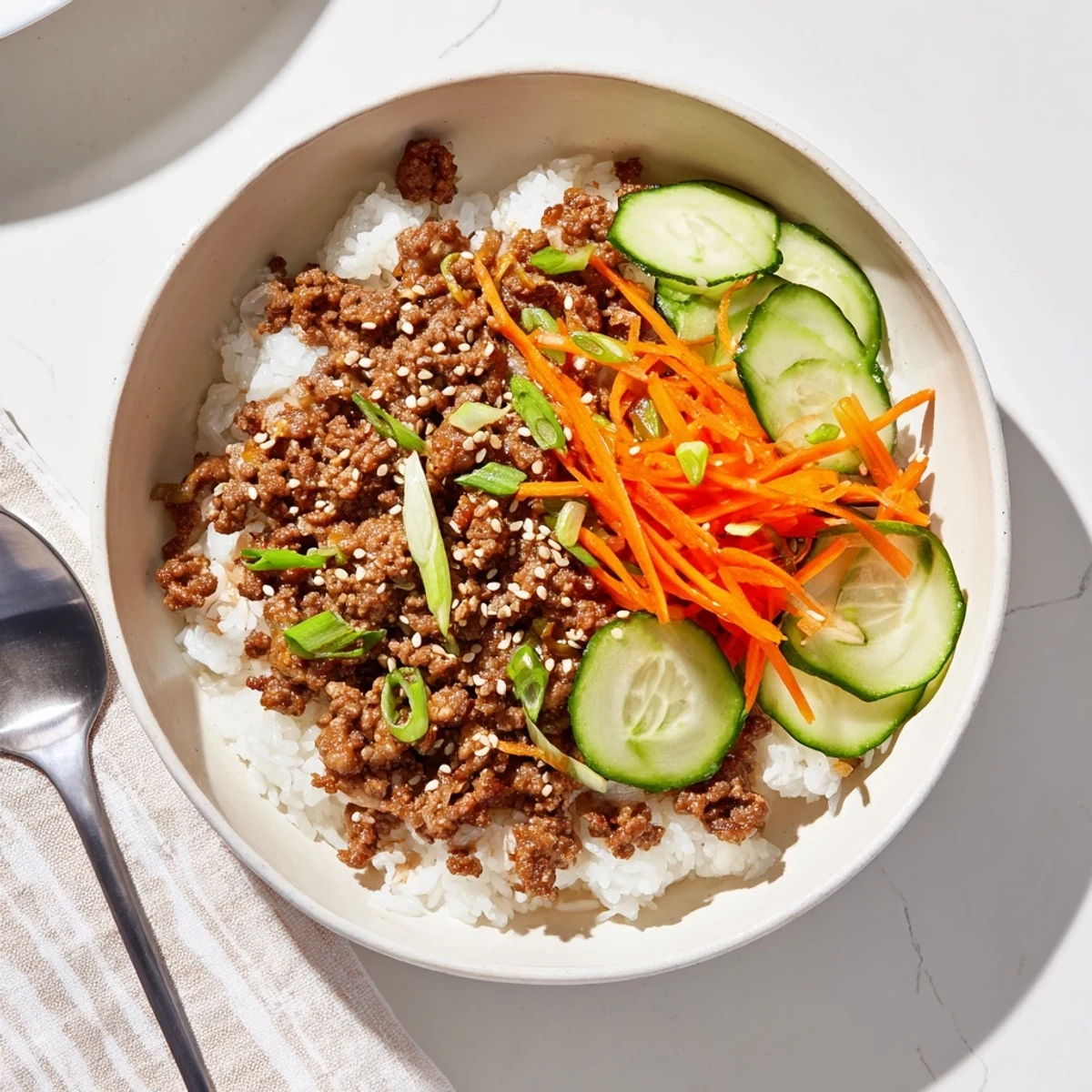 Asian Korean Beef Bowls topped with fresh carrots, cucumber, and sesame seeds over fluffy white rice