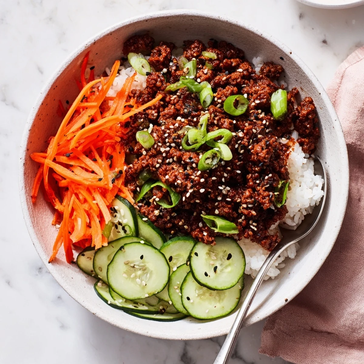 Savory Asian Korean Beef Bowls featuring glazed ground beef and crisp vegetables in a rustic ceramic dish