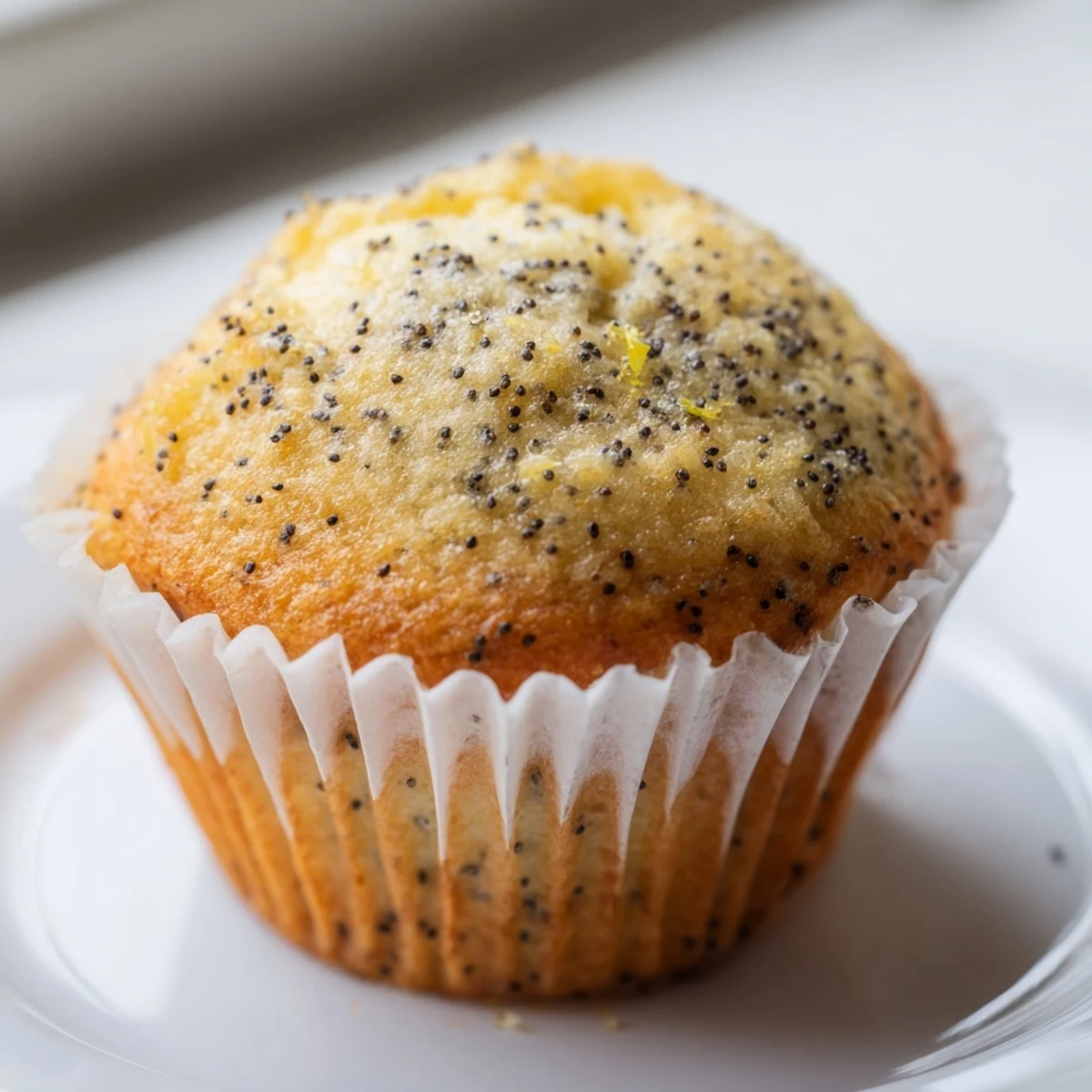 Golden Lemon Poppy Seed Muffins with speckled tops fresh from the oven on a wire rack.