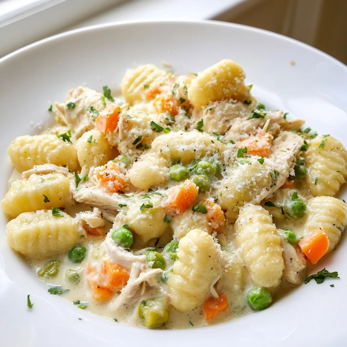 Creamy one pot gnocchi chicken pot pie in a rustic skillet with tender vegetables and golden sauce