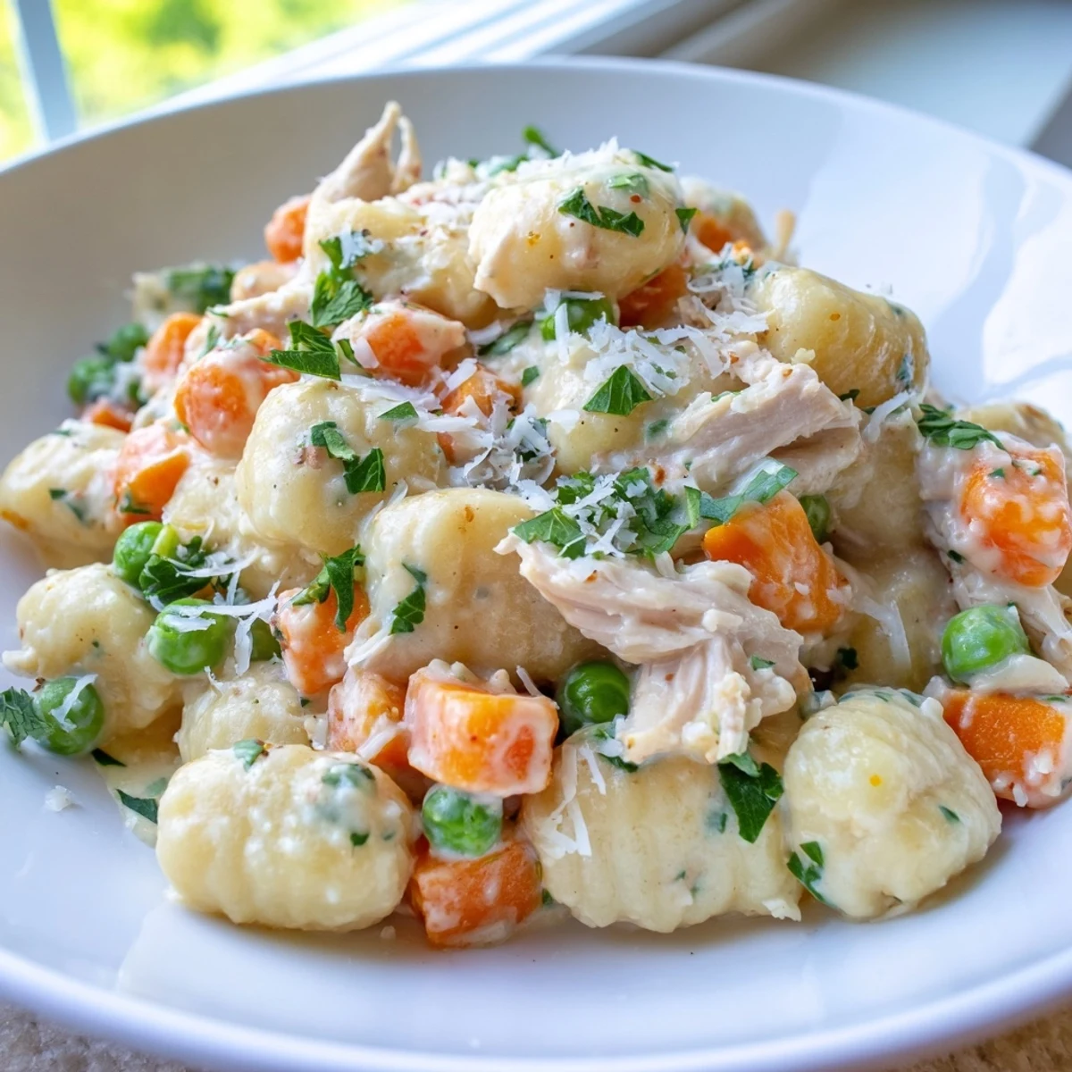 One pot gnocchi chicken pot pie topped with fresh parsley in a bubbly creamy sauce