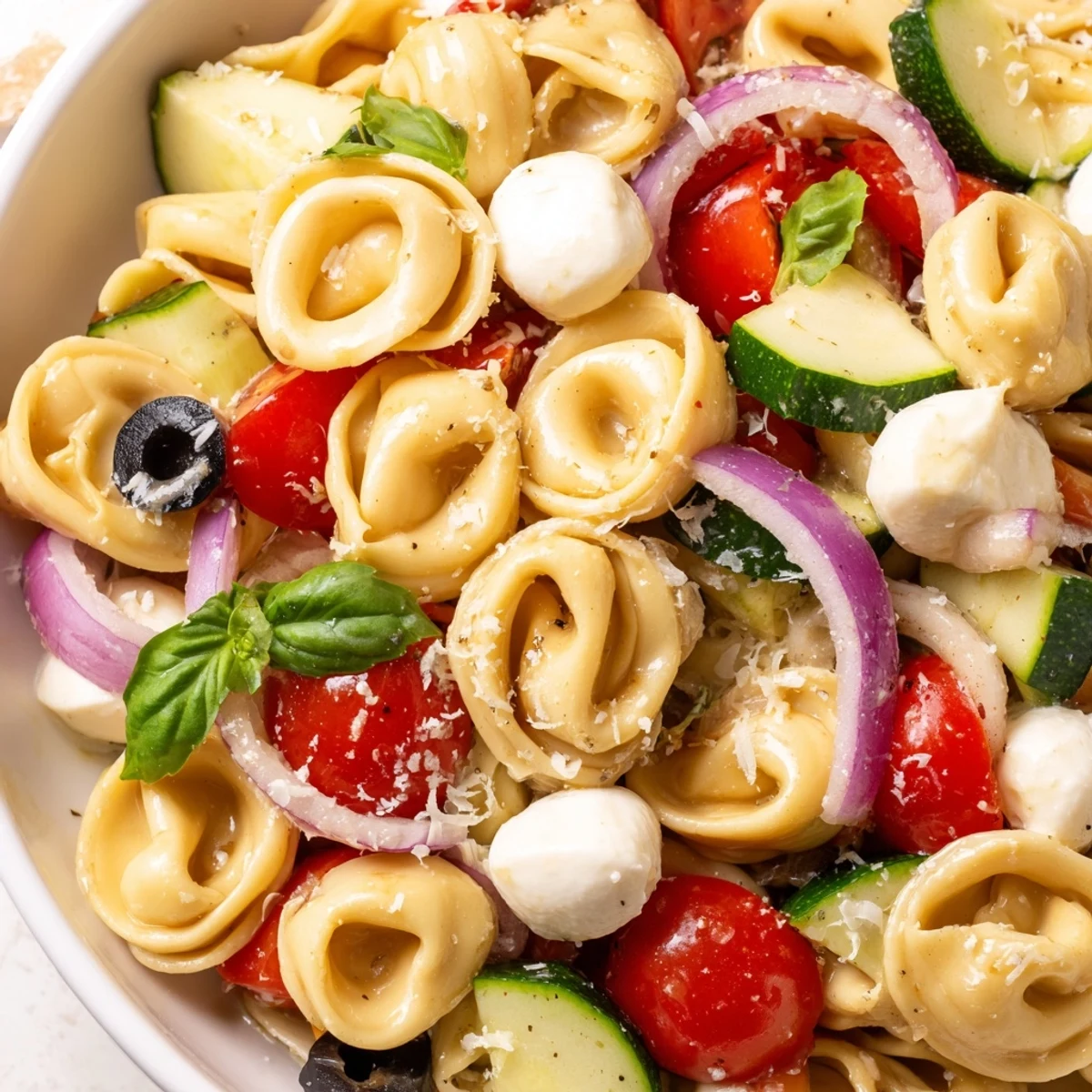 Tender cheese tortellini salad tossed with ripe tomatoes, cucumber, and fresh mozzarella