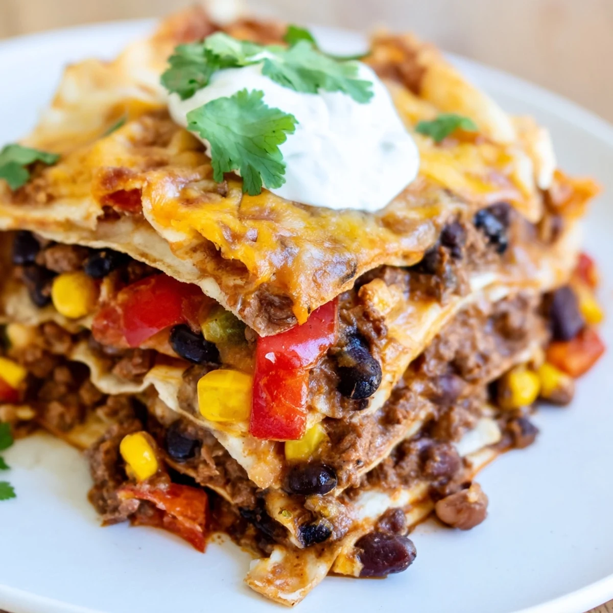 Golden melted cheese tops this Mexican lasagna with layers of seasoned beef and beans