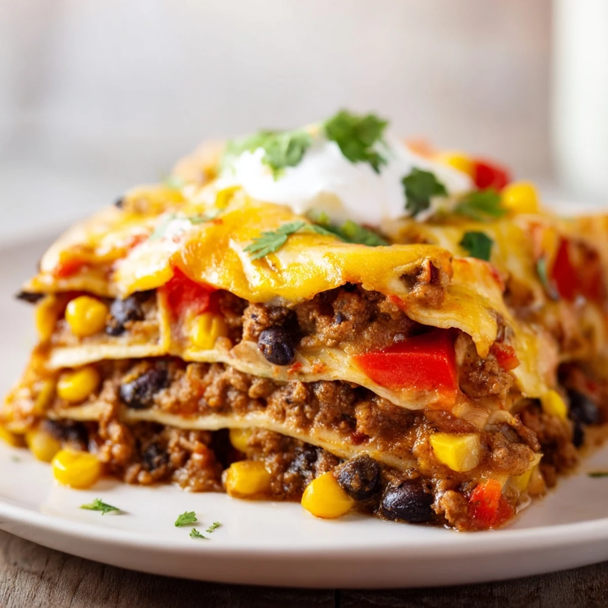 Steaming Mexican lasagna layered with tortillas, spicy beef, and gooey cheese on a white plate