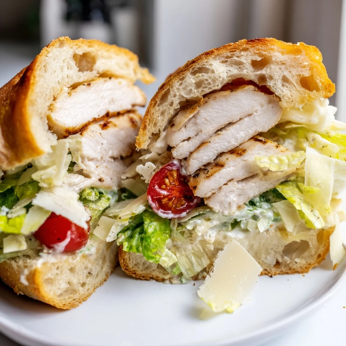 Grilled chicken Caesar sandwich with crisp romaine and Parmesan on golden toasted ciabatta