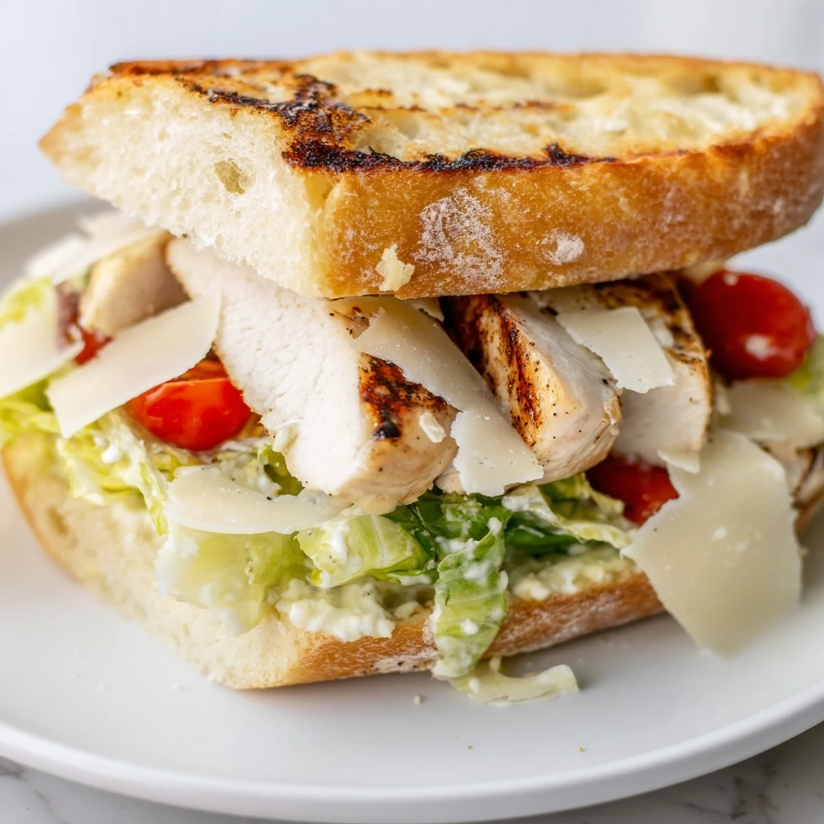 Juicy sliced chicken Caesar sandwich topped with creamy dressing and fresh shredded lettuce