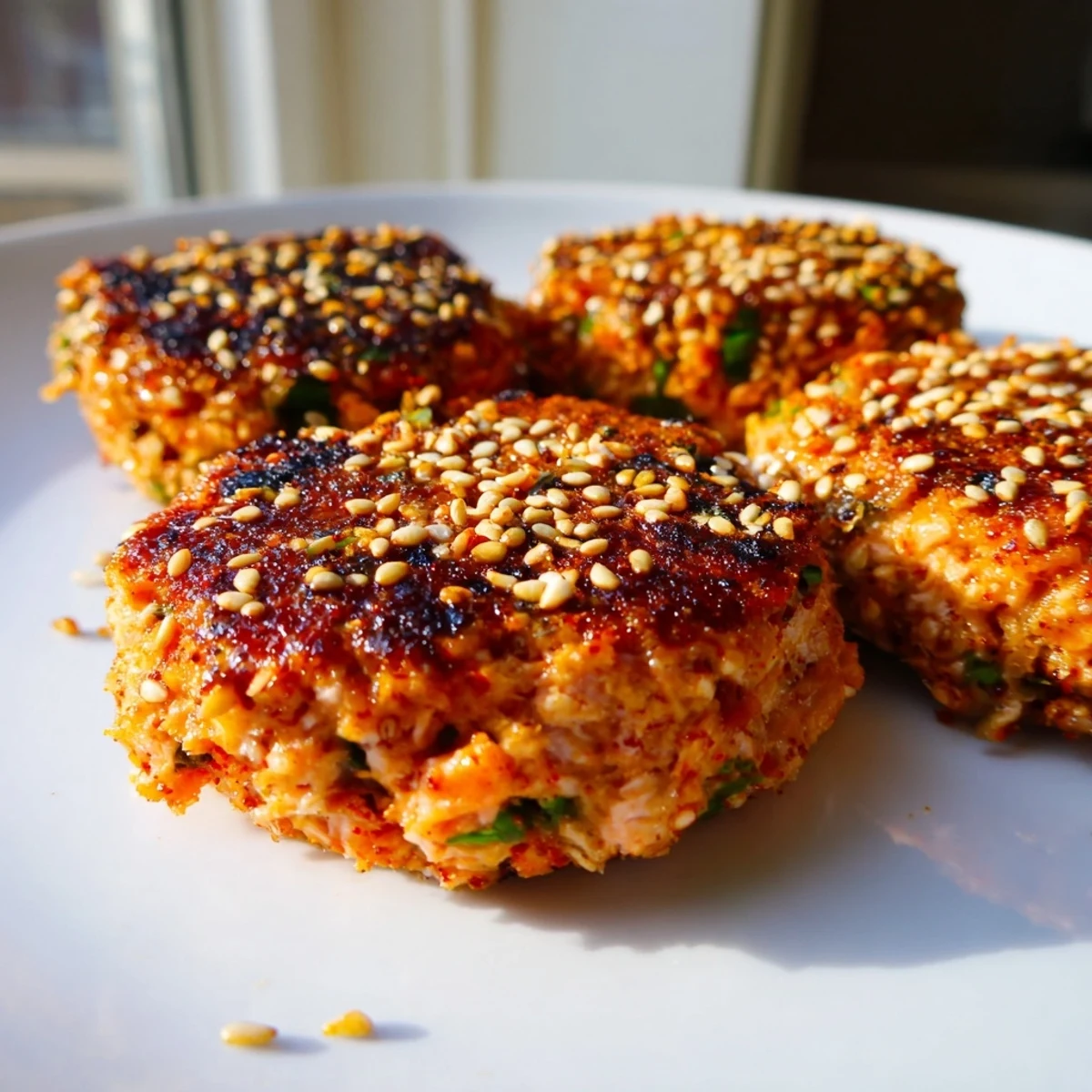Golden crispy Harissa Sesame Salmon Patties sizzling in a skillet with toasted sesame seed garnish