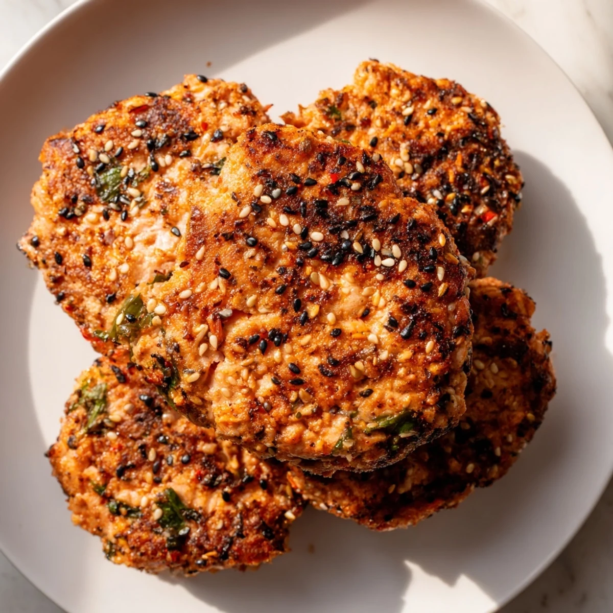 Spicy Harissa Sesame Salmon Patties served on a white plate with fresh cilantro and lemon