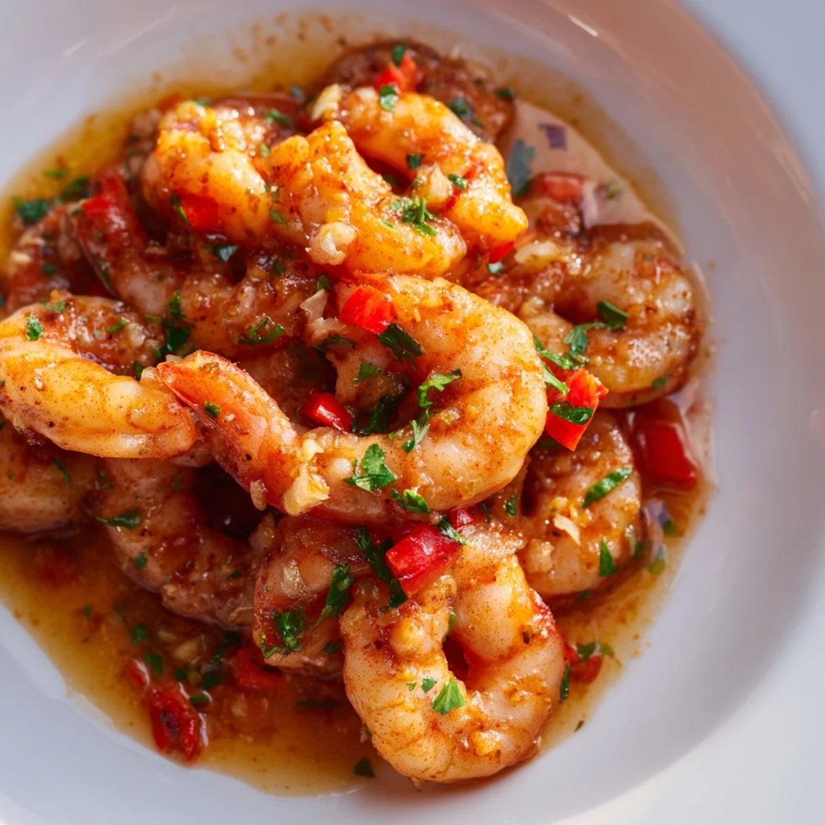 Golden garlic paprika shrimp skillet garnished with fresh parsley and bright lemon wedges