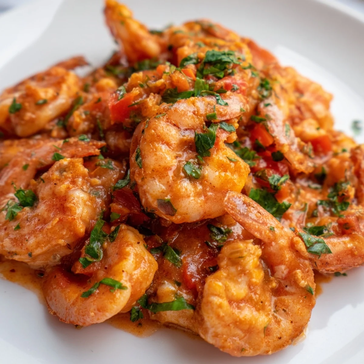 Sizzling garlic paprika shrimp skillet with pink curling shrimp and vibrant red bell peppers