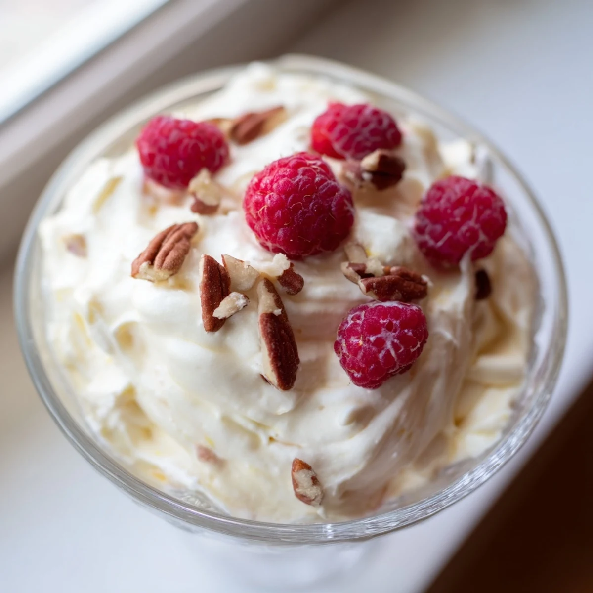 Creamy keto cheesecake fluff topped with fresh red berries in glass bowls