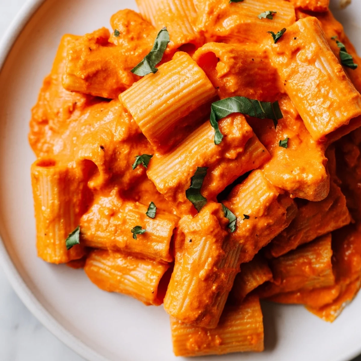 Creamy roasted red pepper pantry pasta in a white bowl with fresh basil garnish and parmesan