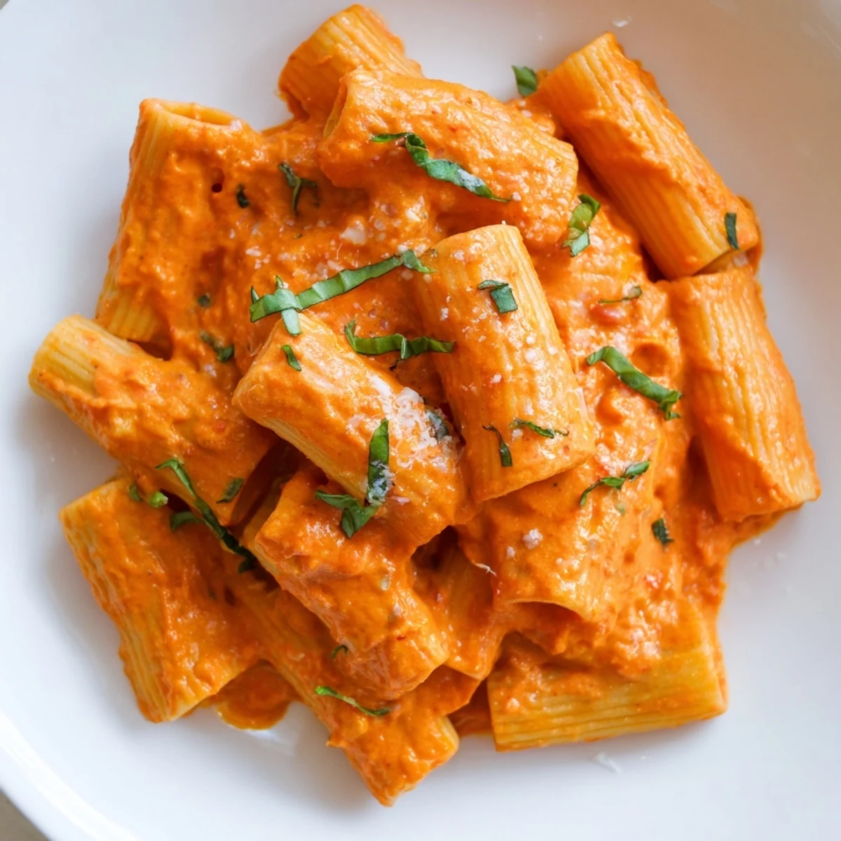 Vibrant orange roasted red pepper pantry pasta topped with chopped parsley on a rustic plate