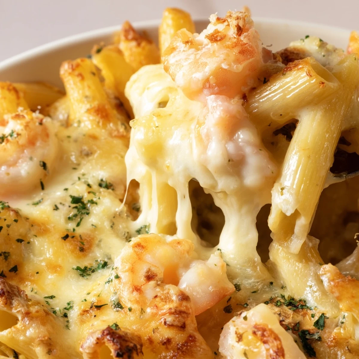 Succulent pink shrimp tossed in creamy garlic lemon sauce in Shrimp Scampi Pasta Bake