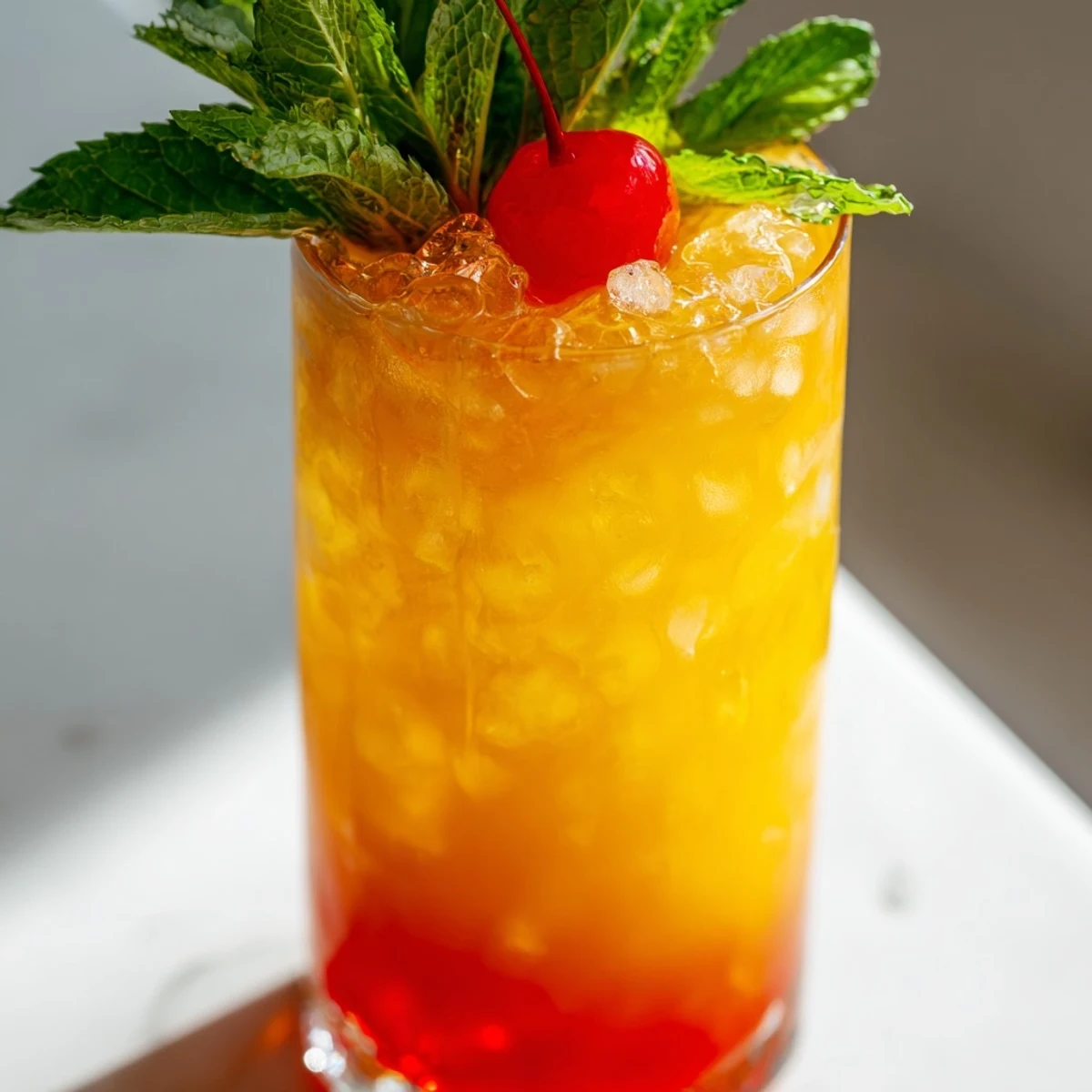 Non Alcoholic Mai Tai mocktail with layered grenadine, fresh citrus, and tropical fruit garnishes