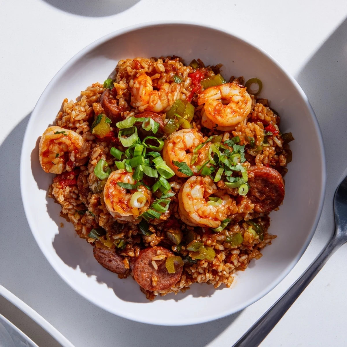 Golden shrimp and sausage dirty rice in a cast iron skillet garnished with fresh parsley