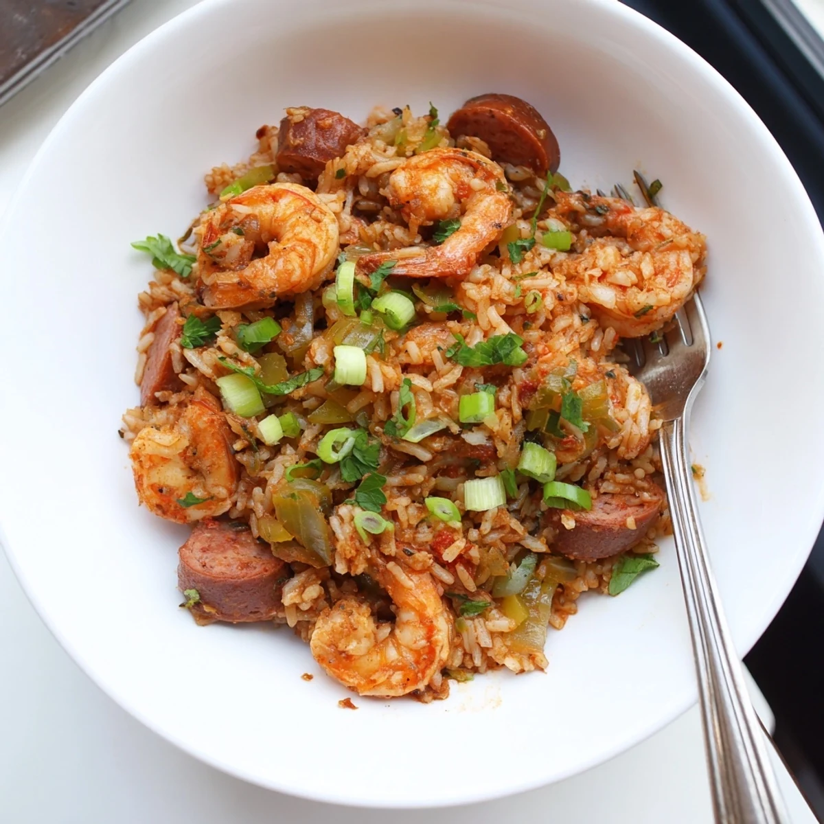 Heaping bowl of Creole shrimp and sausage dirty rice topped with sliced scallions