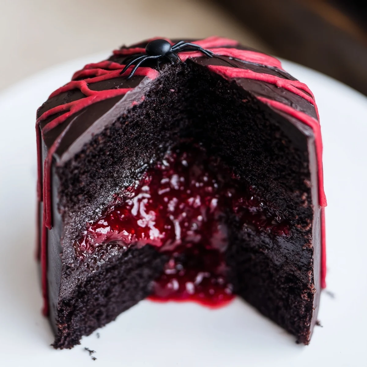 Spooky hidden horror black widow cake sliced open revealing deep red cherry filling