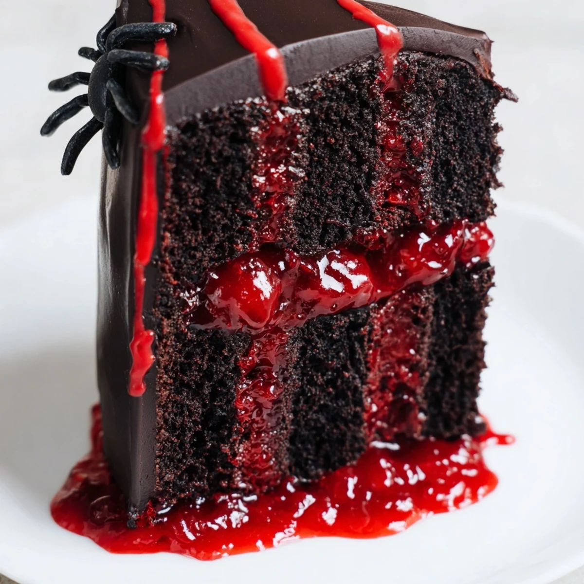 Dark black widow spider cake with glossy ganache and bloody cherry compote oozing