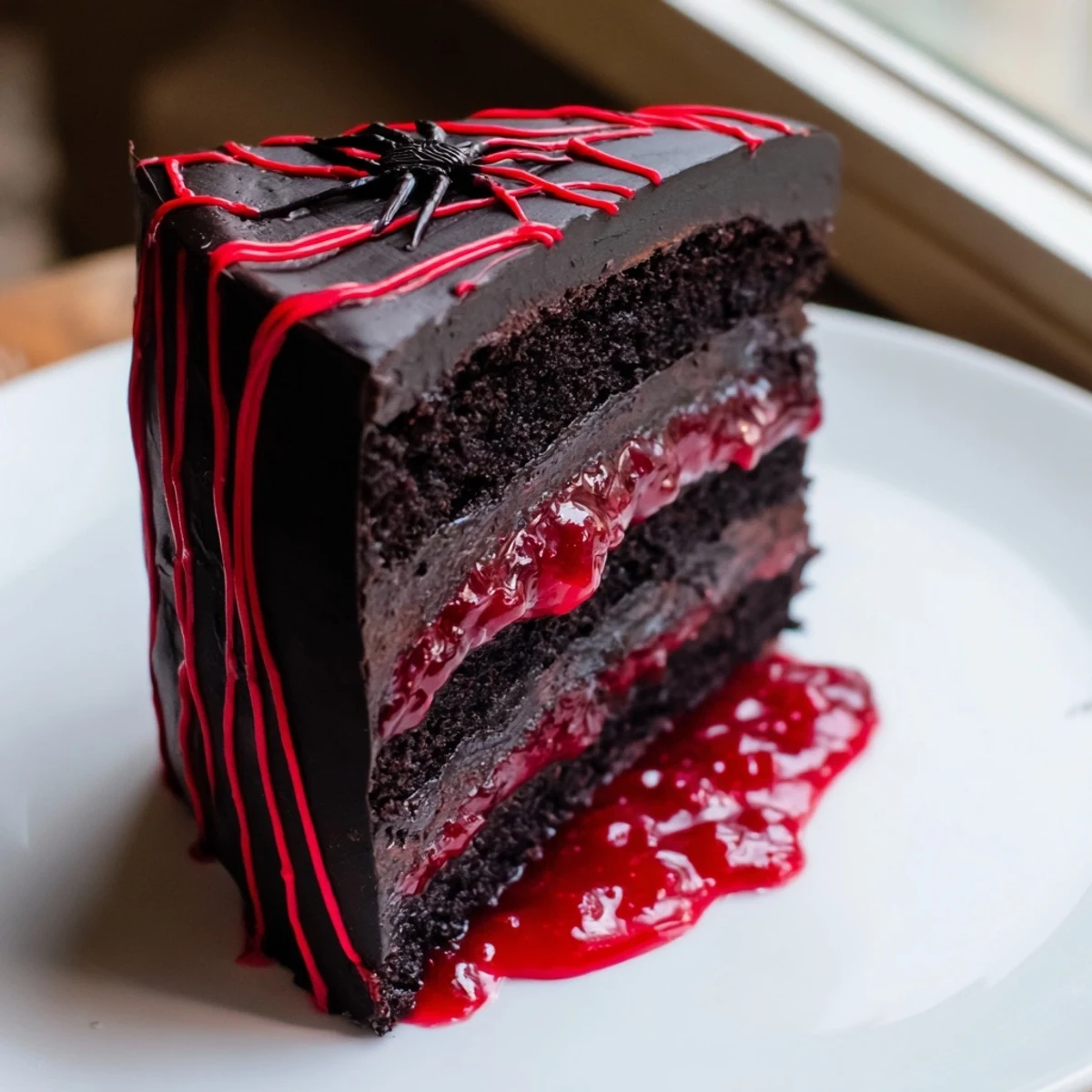 Chilling black widow Halloween chocolate cake dripping with dark cocoa ganache and spider decorations