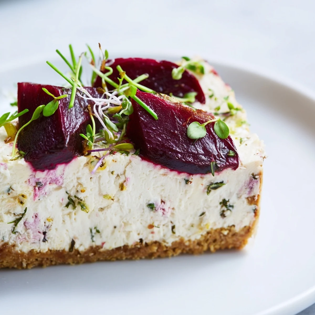 Creamy savoury cheesecake topped with jewel-toned roasted beetroot and fresh herbs