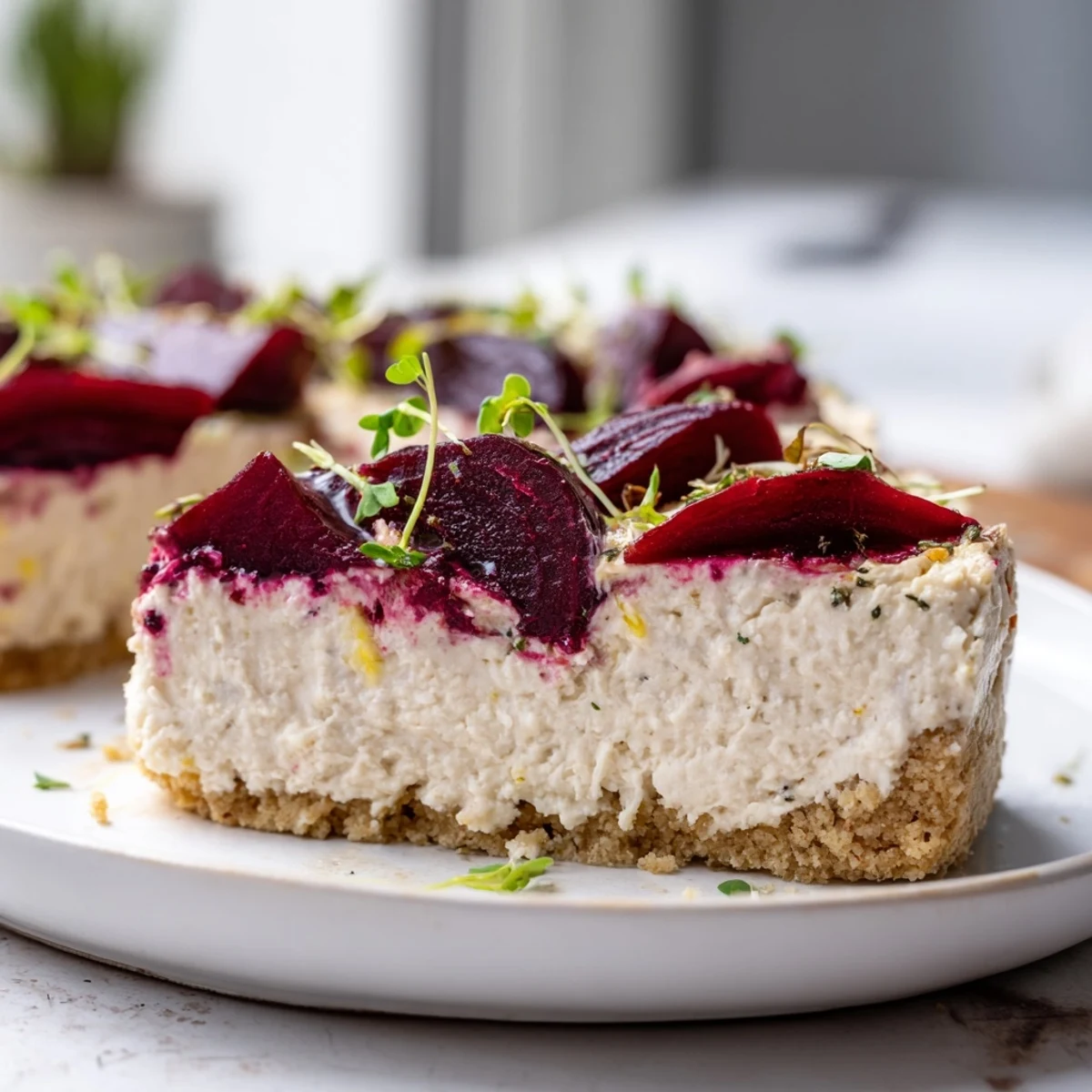 Golden wholemeal crust cradles rich savoury cheesecake crowned with caramelized beetroot wedges