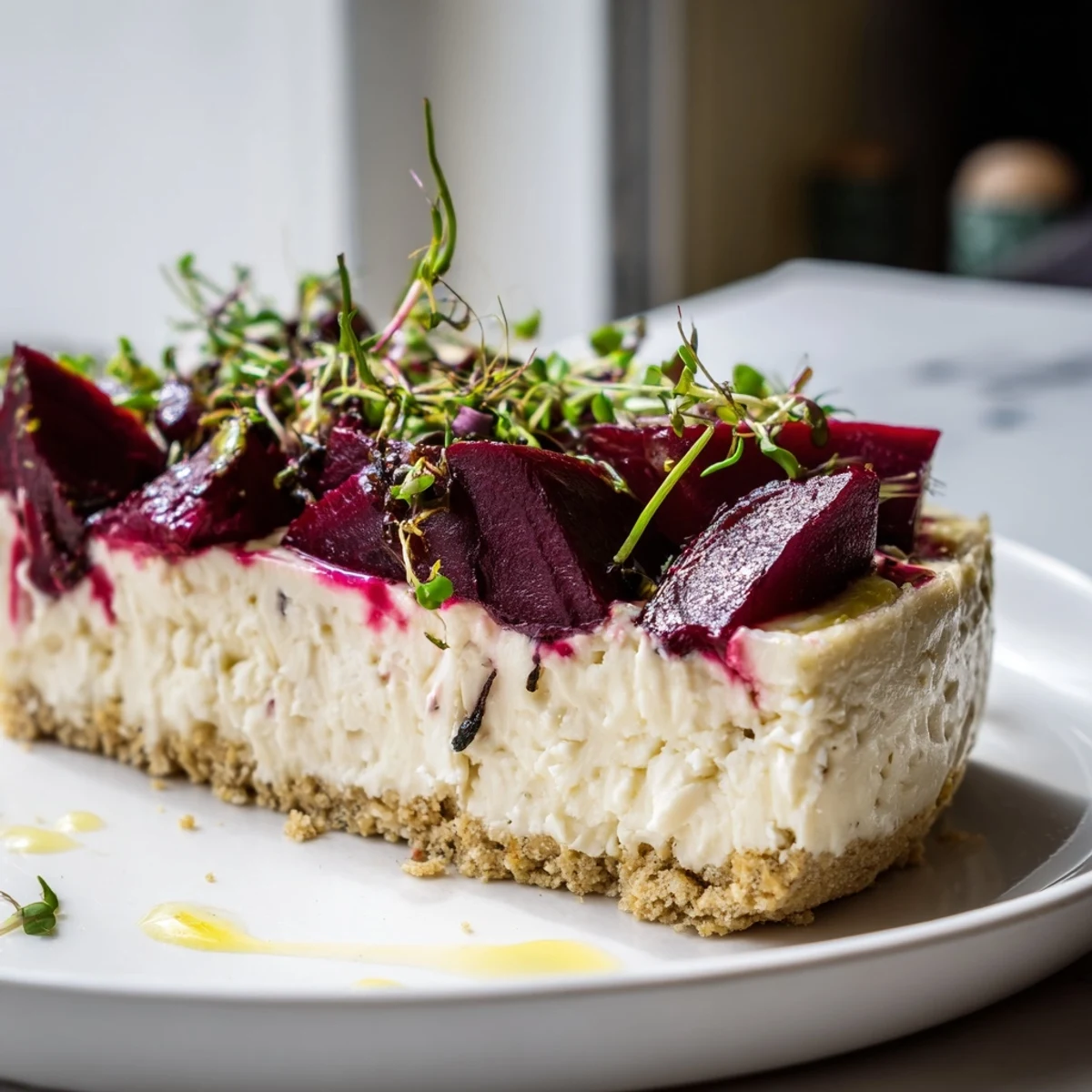 Smooth herb-flecked savoury cheesecake slice drizzled with olive oil and microgreens