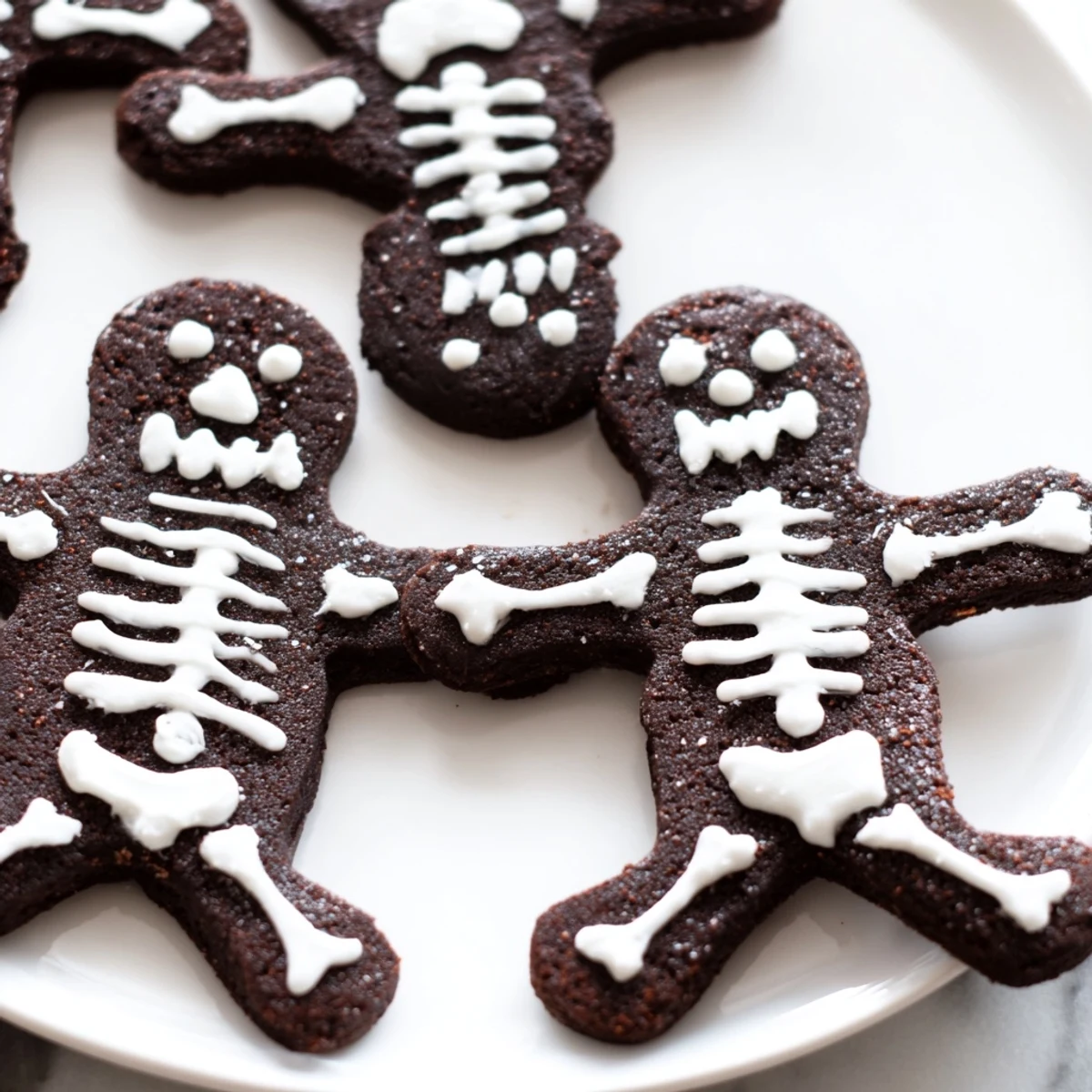 Chocolate Cinnamon Skeleton Cookies decorated with white icing on a rustic baking sheet