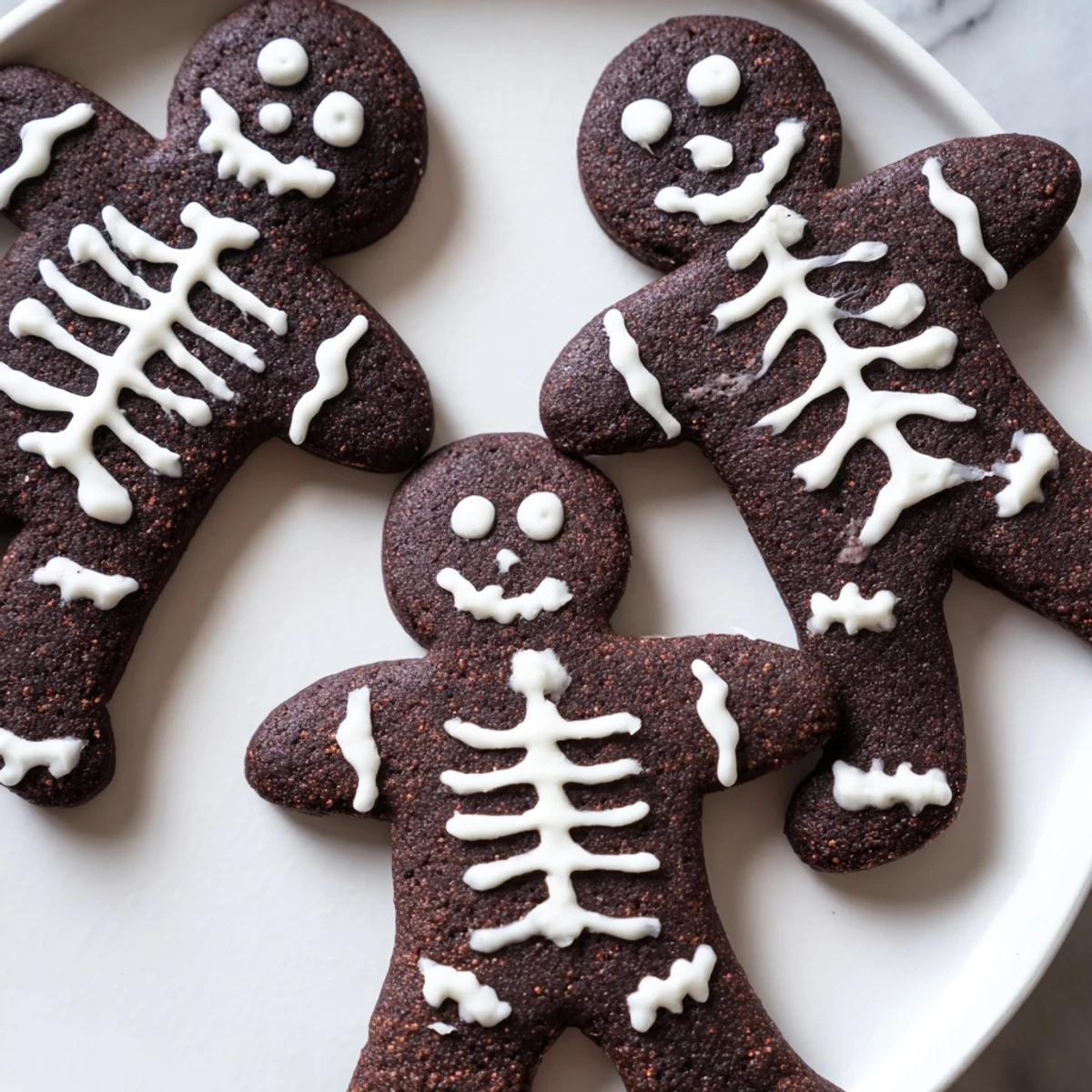 Crisp chocolate cinnamon skeleton cookies with intricate royal icing bones arranged on parchment