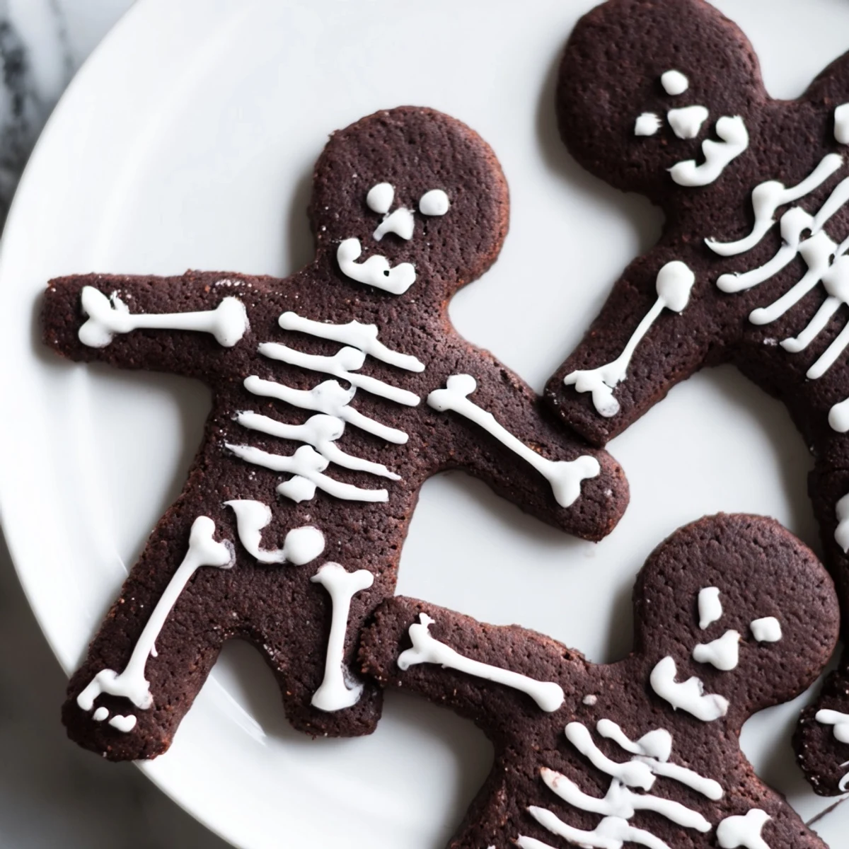 Dark spiced chocolate cinnamon skeleton cookies topped with sweet piped icing for Halloween
