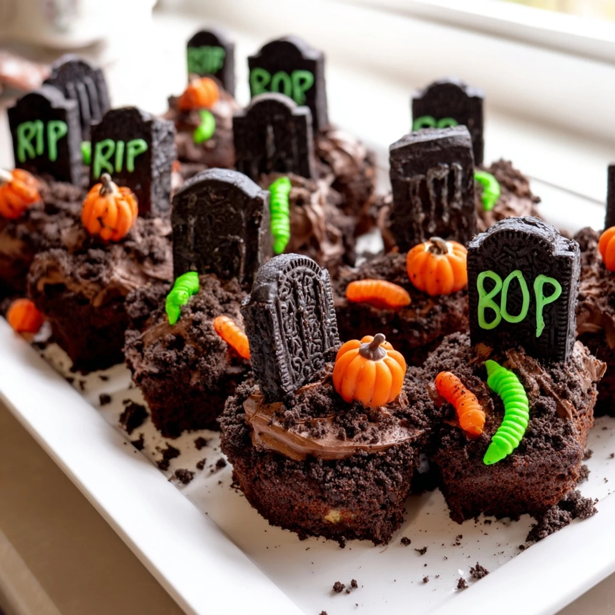 Pull Apart Graveyard Cupcakes topped with chocolate frosting and cookie crumb dirt on a tray