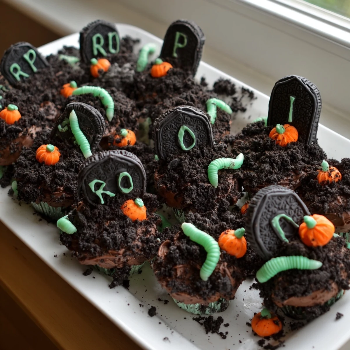 Spooky Pull Apart Graveyard Cupcakes decorated with tombstone cookies gummy worms and candy pumpkins