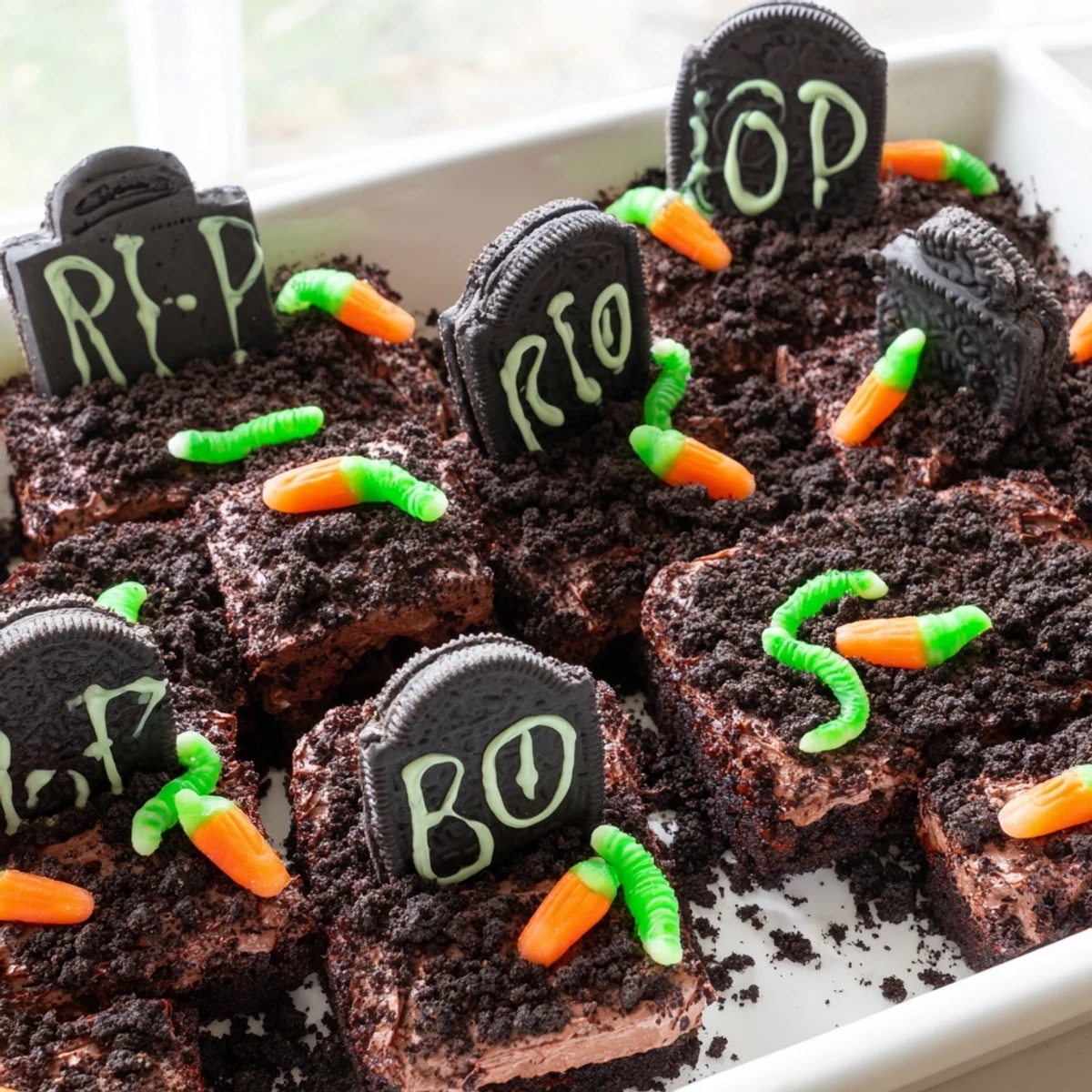 Frosted Pull Apart Graveyard Cupcakes arranged together with crushed cookie dirt and edible graveyard tombstones