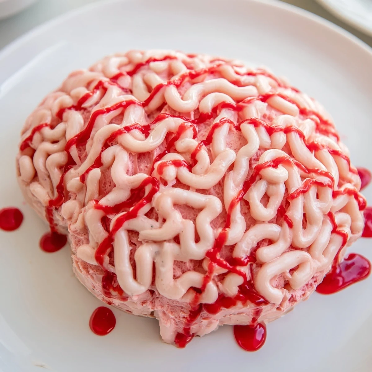 Creepy No Bake Strawberry Cheesecake Brain with pulsing red coulis on a cookie crust
