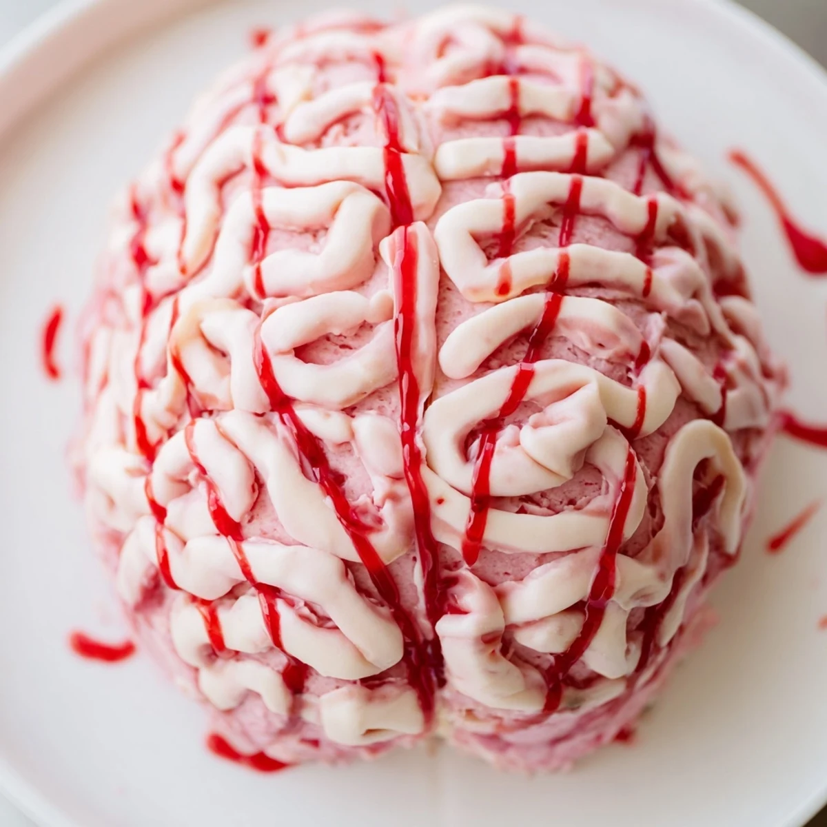 Festive No Bake Strawberry Cheesecake Brain topped with chocolate squiggles and berry drizzle