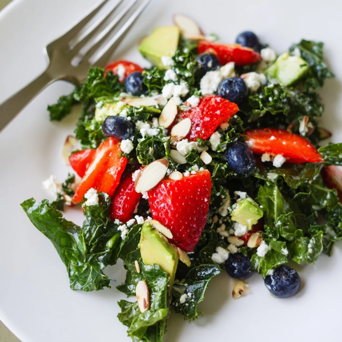 Vibrant summer kale salad in a bowl with feta and sliced avocado