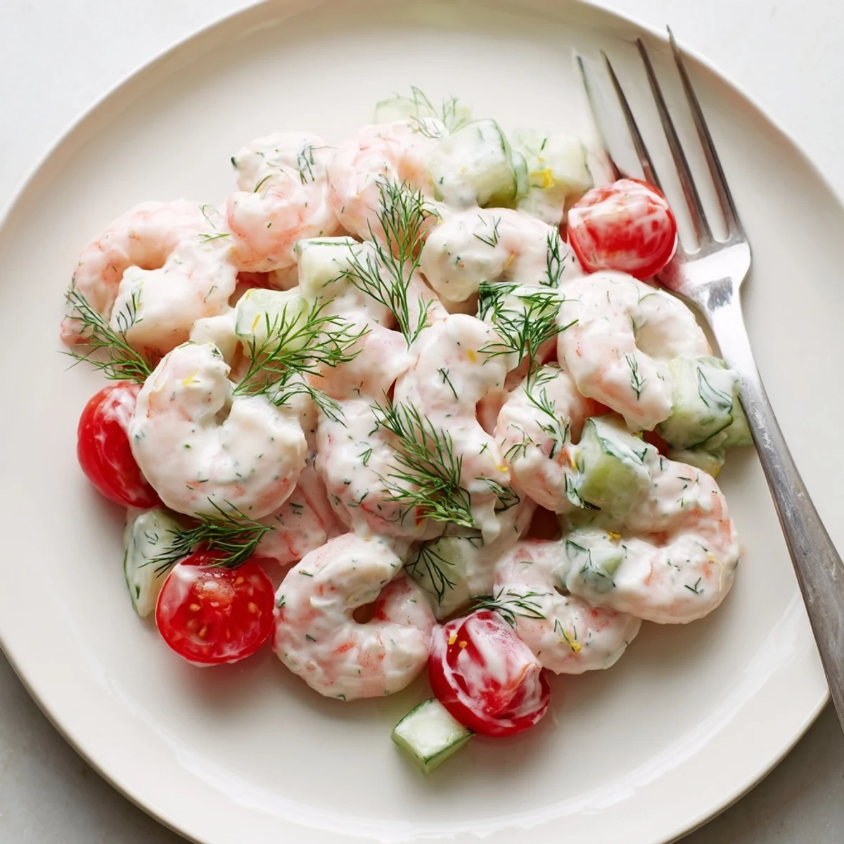 Chilled shrimp salad recipe plated on leafy greens with cherry tomatoes and fresh dill