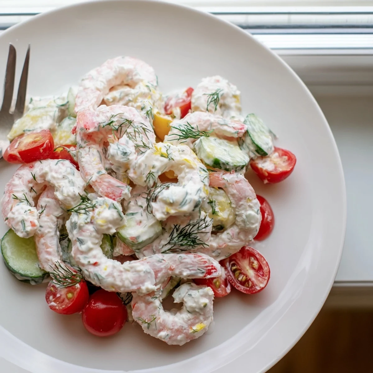 Pink shrimp salad recipe tossed in creamy lemon dressing beside crisp cucumber and celery