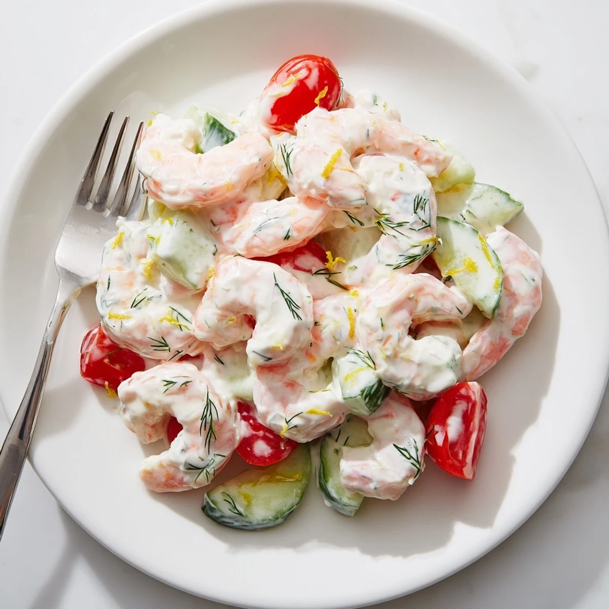Shrimp salad recipe served in a bowl with zesty mayo dressing and red onion